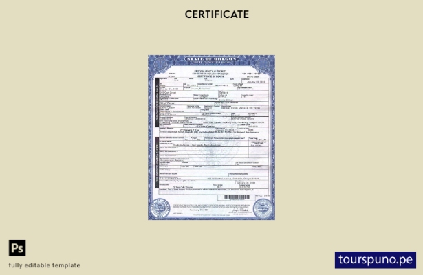Plantilla de certificado de defunción de Oregón, EE. UU., lista para imprimir